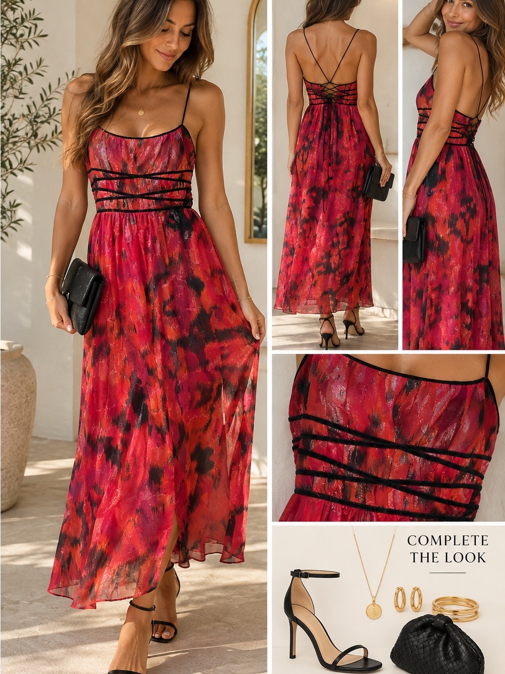 Forever 21 Red and Black Print Lace-Up Maxi Dress